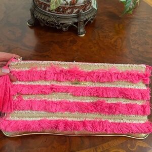 Lilly Pulitzer Fiji Metallic Gold Pink Fringe & Tassel Clutch Purse